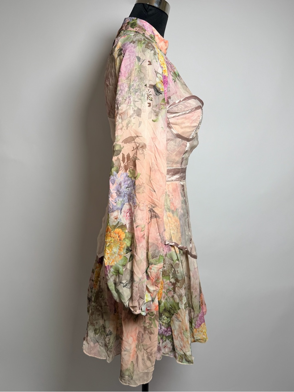 Miss Ord Floral Corset Mini Dress M Sheer Puff Sleeve Cottagecore Pink - Picture 5 of 7